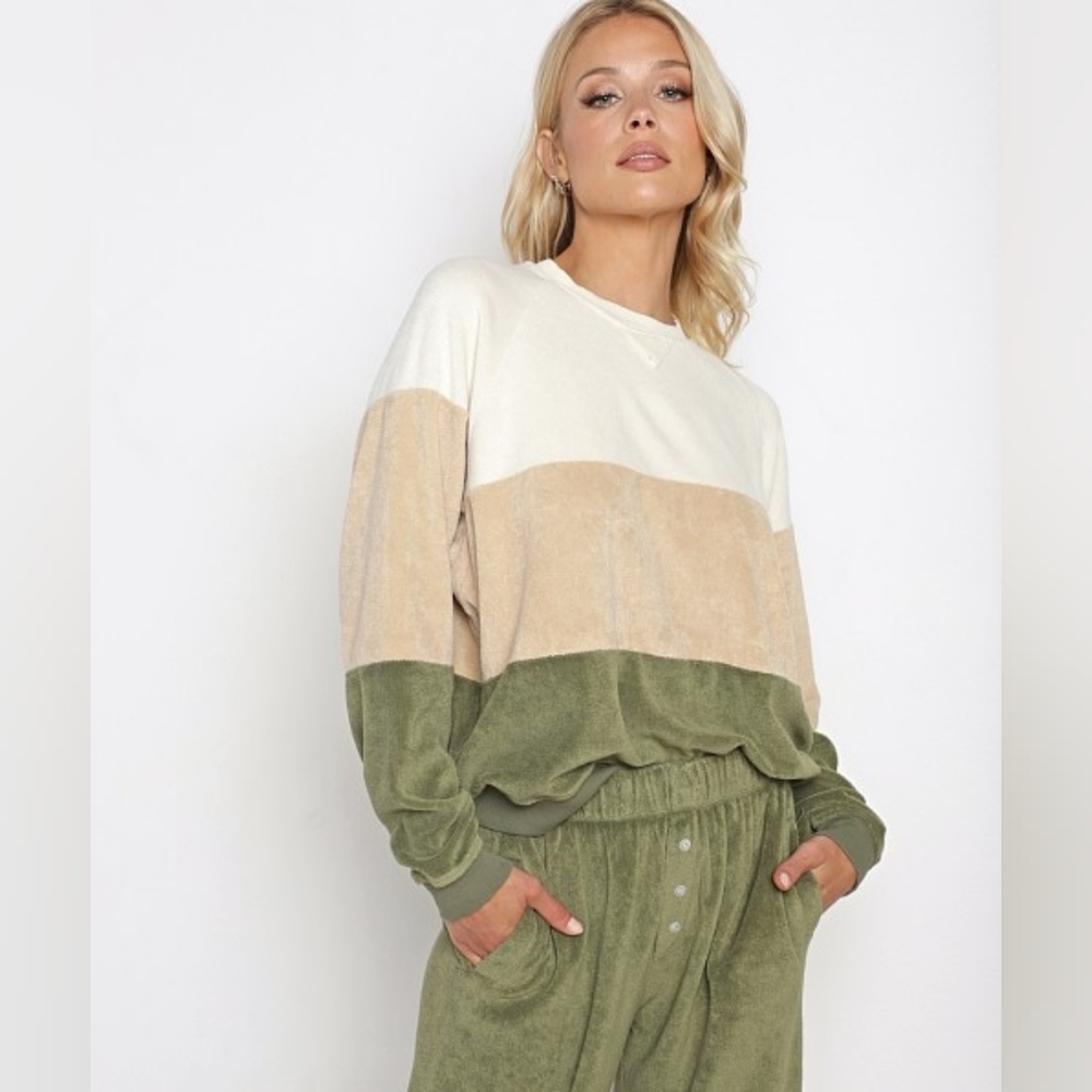 DONNI. Tri Terry Sweater Cream/Latte/Basil Women's XS Sweatshirt Color Block‎